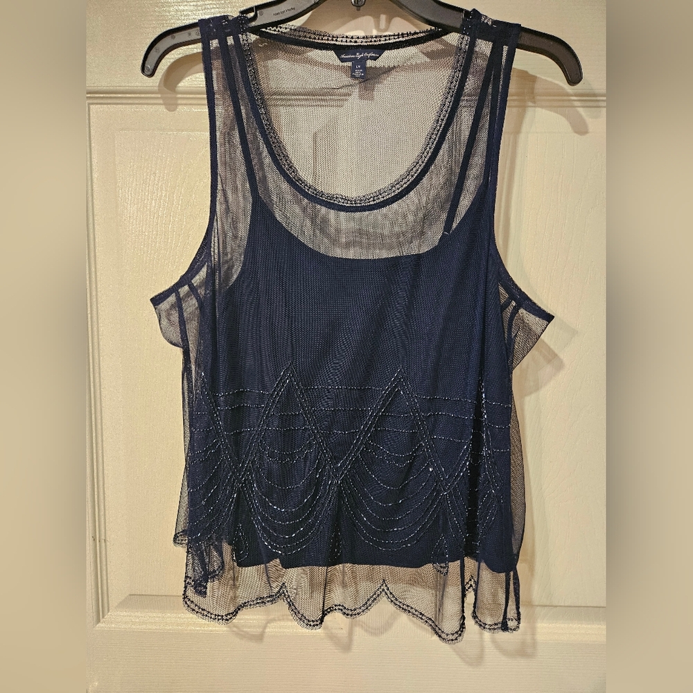 American Eagle Outfitters Navy Sheer Embellished Tank Top